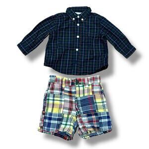 Set of Ralph Lauren Baby Boy Size 6M Plaid Button Shirt + 9M Seersucker Shorts